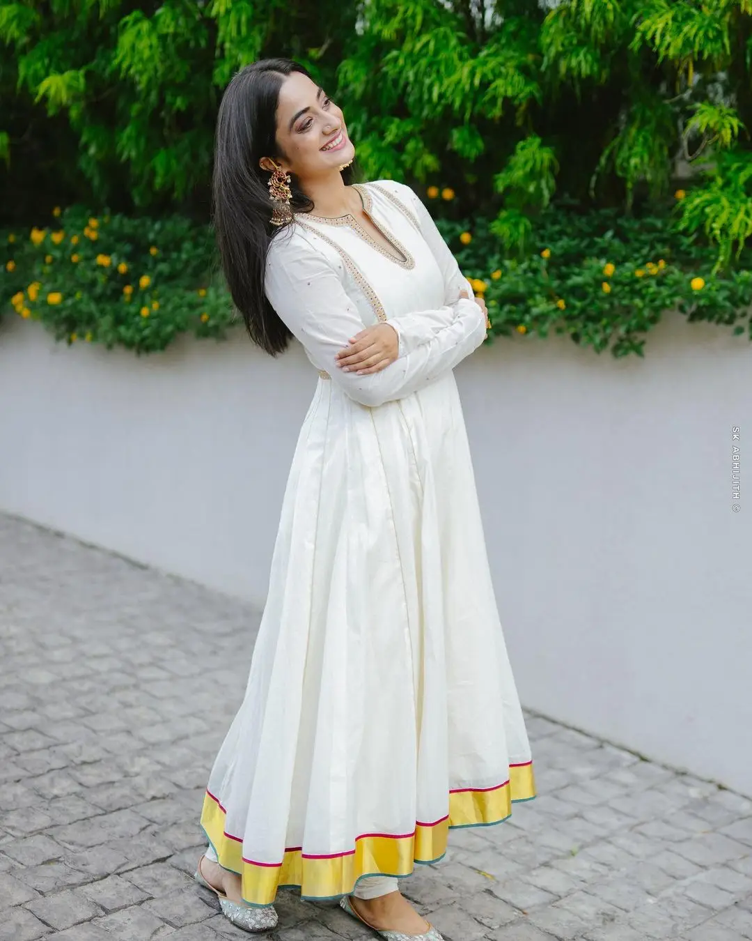 Namitha Pramod Wearing Beautiful Earring Jewellery White Dress